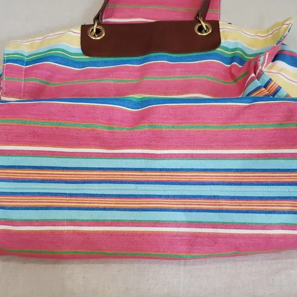 Talbots Tote Colorful Striped Cotton Leather Double Handles XL Beach Mom Stuff